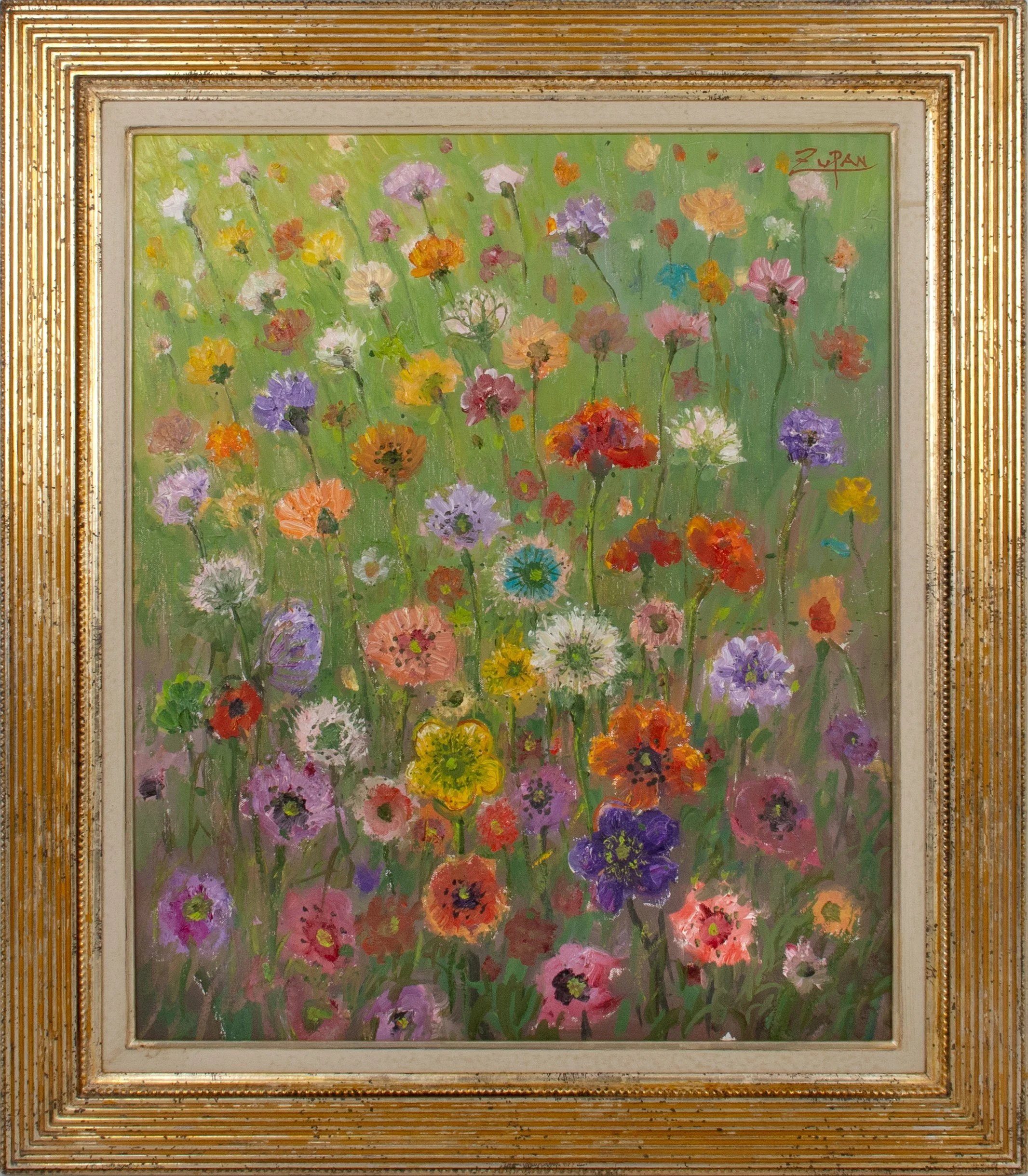 Bruno ZupanFlower Field, impressionist landscape, a detail view of vibrant wildflowers in a green field