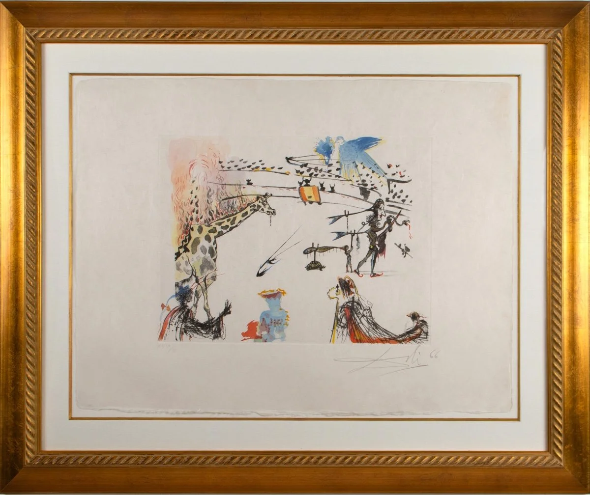 Salvador Dalí Burning Giraffe, surrealistic composition of a giraffe on fire, other surrealistic figure, turtle, priest  dripping wax figure, all inside a bull fighting ring