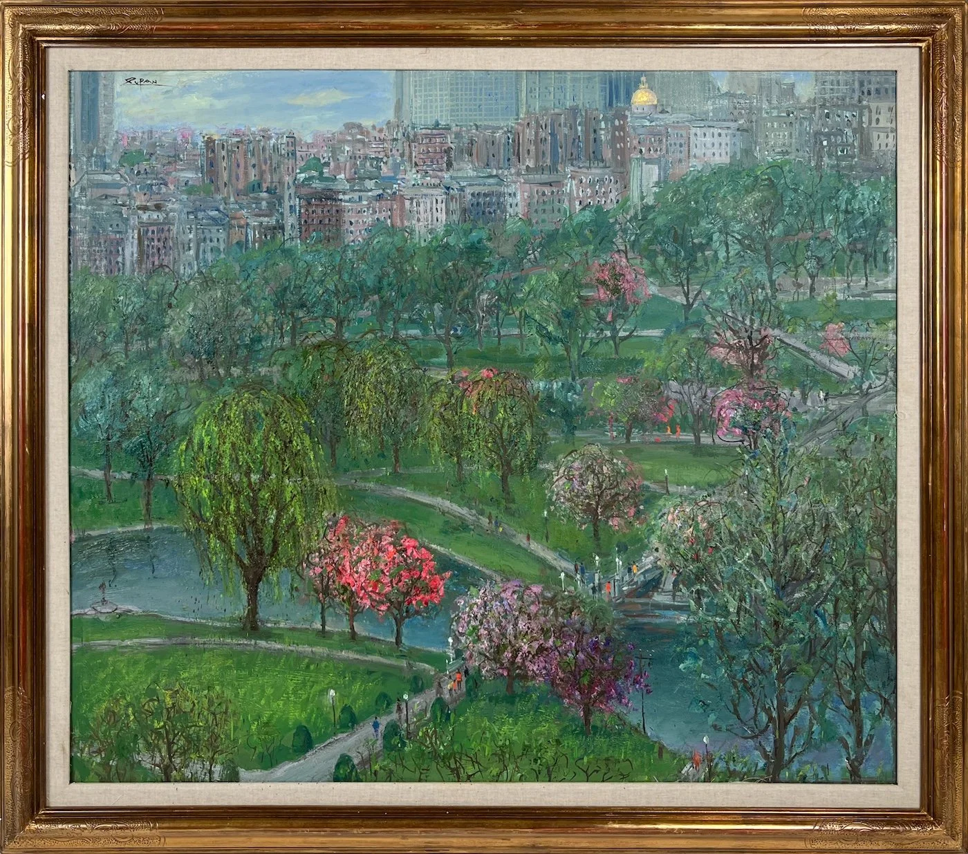Bruno Zupan Public Gardens, May in Boston, impressionist birds eye view of Boston's Public Garden and Beacon Hill, flowering trees, green grass, bronwstones