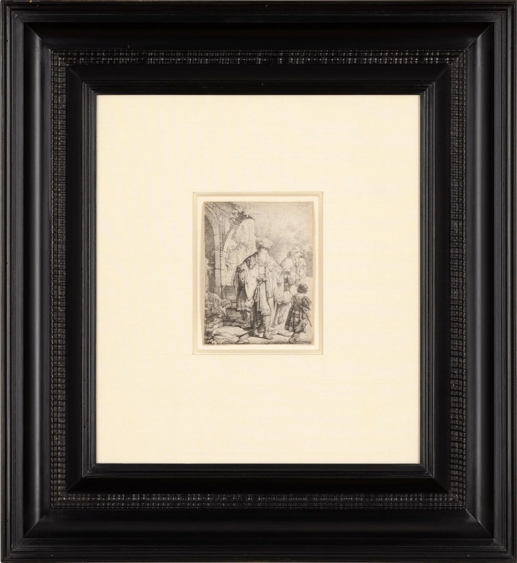 Rembrandt van Rijn Abraham Casting Out Hagar and Ishmael, richly dressed man casting out an old woman and child, smug woman and dog inside the door