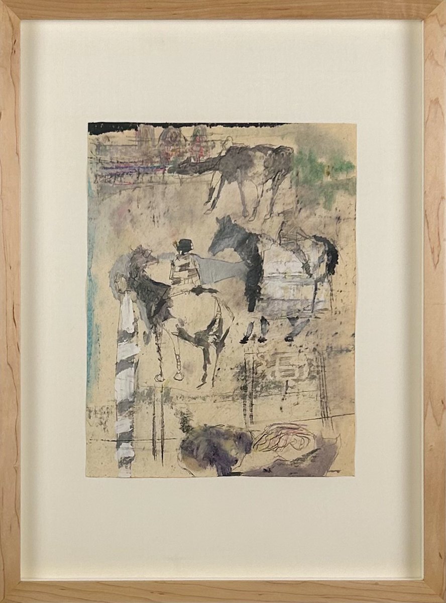 Stanley boxer, untitled figurative study of abstract horses and riders on tan paper, shades of white, green, grey, blue, and pink