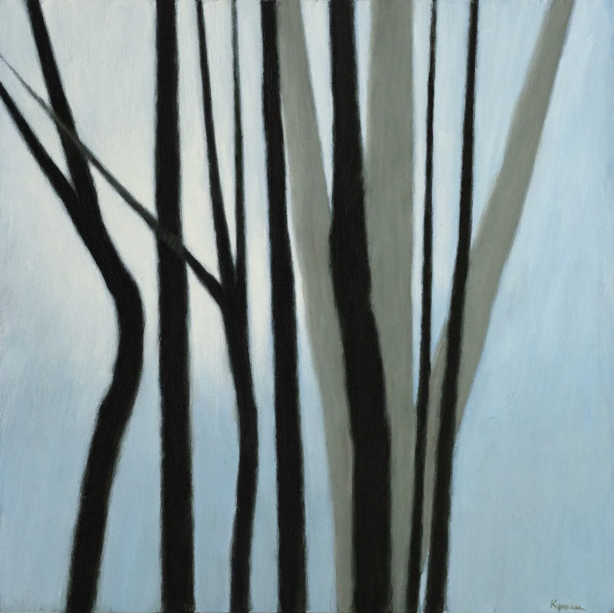 Robert Kipniss Eight trees, oil painting of black and grey tree lines with blue background