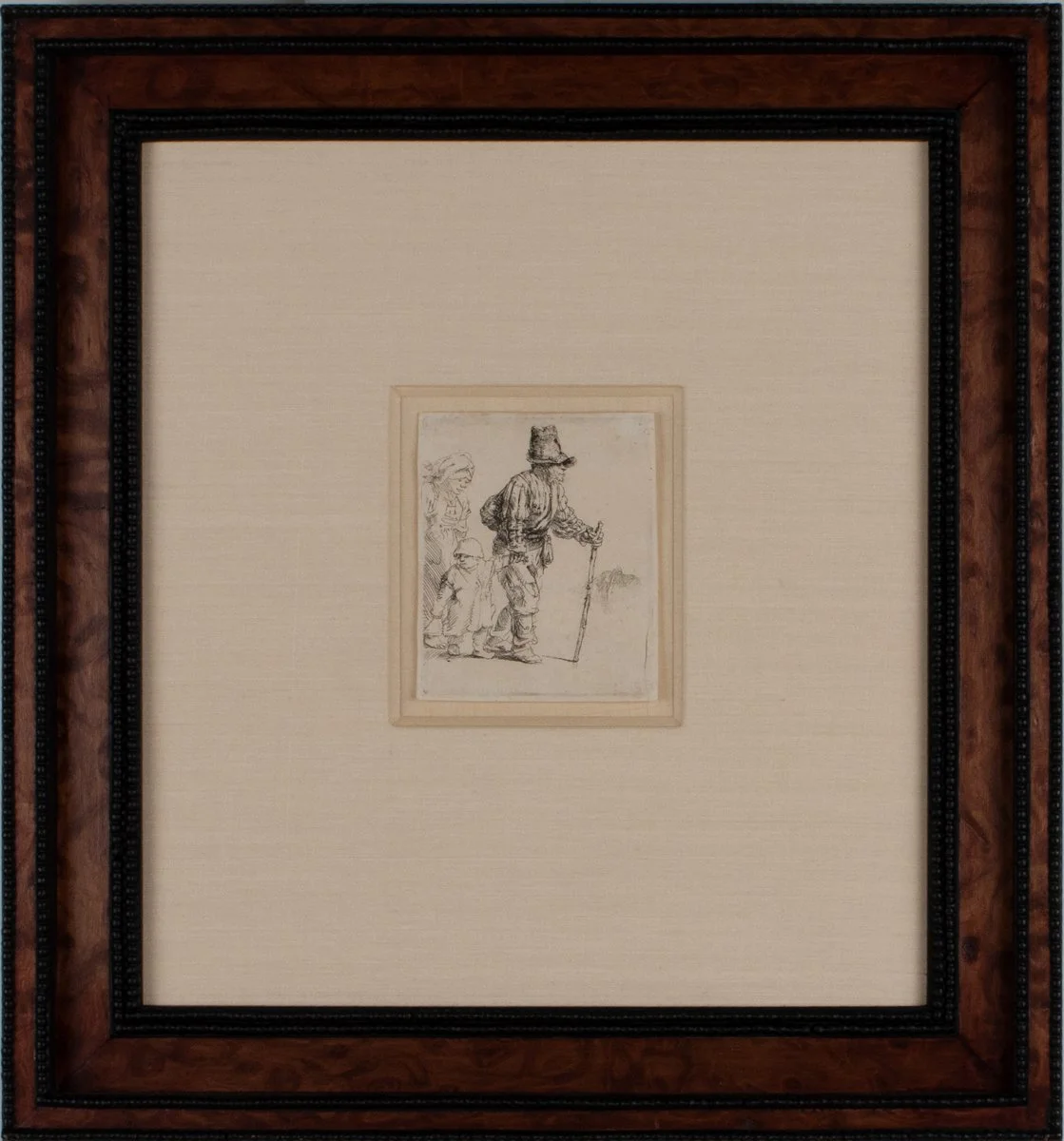 Rembrandt van Rijn - Peasant Family on the Tramp, peasant man walking with stick and tall hat, his family walking behind him