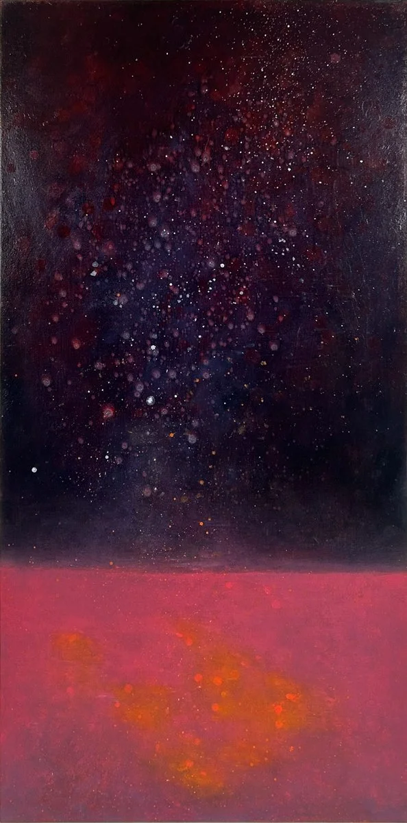 Hisako Kobayashi Mujou, colorful abstraction, shades of pink and orange on bottom third, dark purple with speckles top two thirds