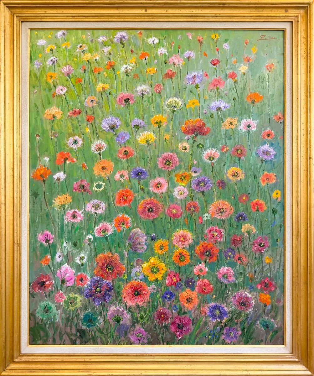 Bruno Zupan - Wild Flowers, impressionist oil painting of a green grass field with a rainbow of colorful wild flowers