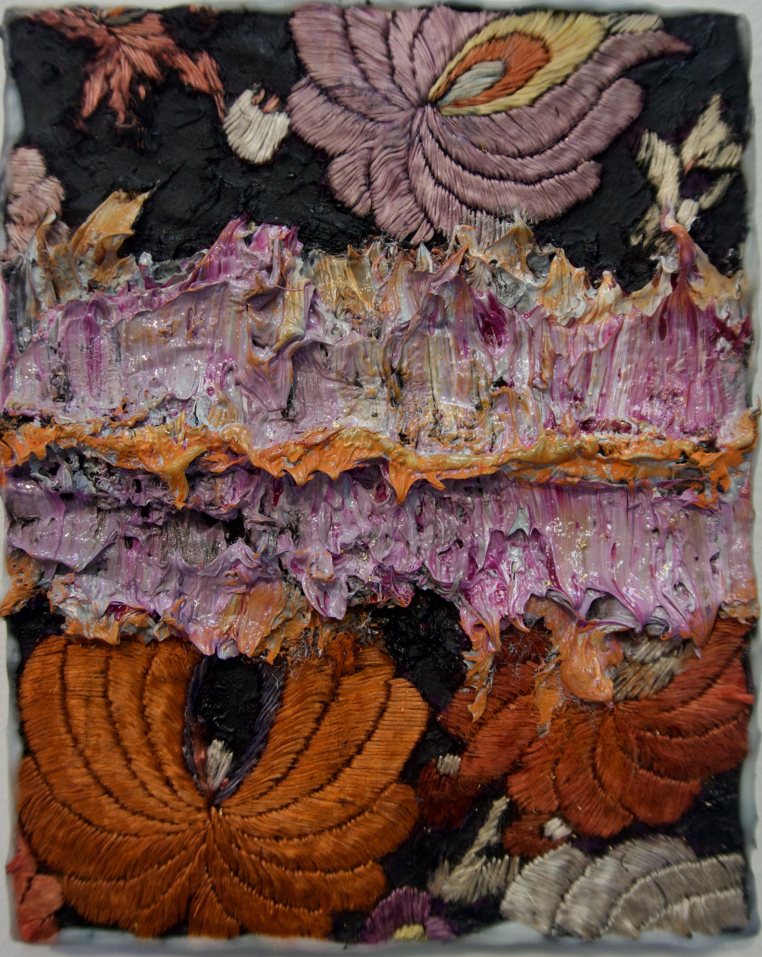 Natasha Zupan - Afterglow #27, mixed media collage with fabric, floral patterns and thick textured paint