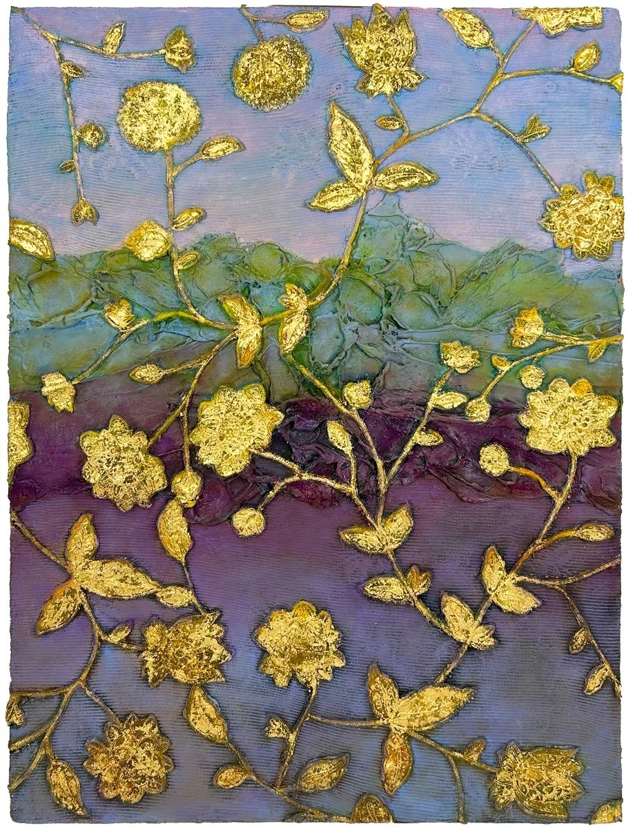 Natasha Zupan Afterglow #5, mixed media work on wood with fabric 24k gold and oil paint in purples and green with a gold floral overlay