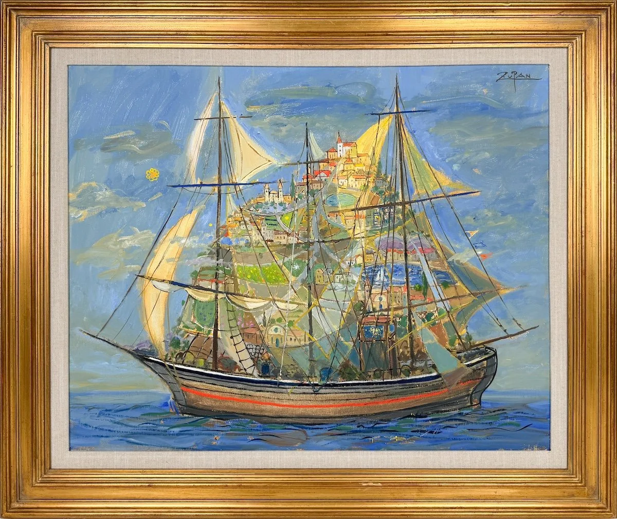 Bruno Zupan Island on a Sail Boat, framed impressionist oil painting of a sail boat on water with a depiction of the earth inside the sails