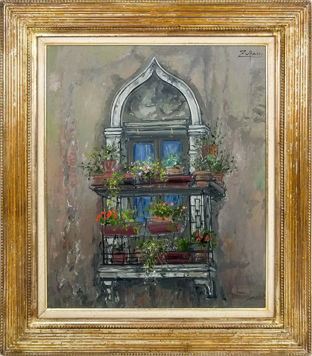 Bruno Zupan Venetian Window, impressionist oil painting of a window on a building in Venice Italy with flower pots