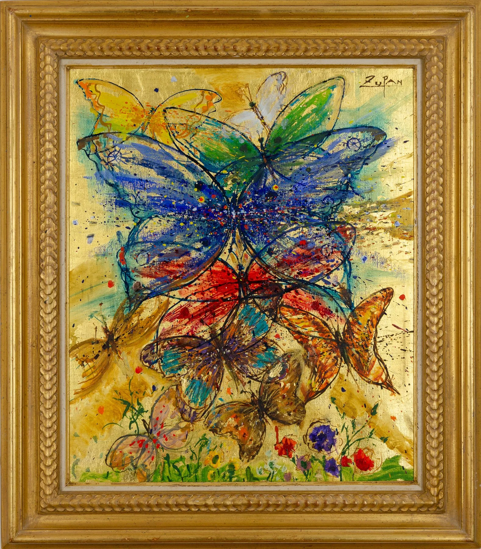 Bruno Zupan Butterflies on Gold Leaf, framed impressionist painting with gold leaf and colorful butterflies with flowers