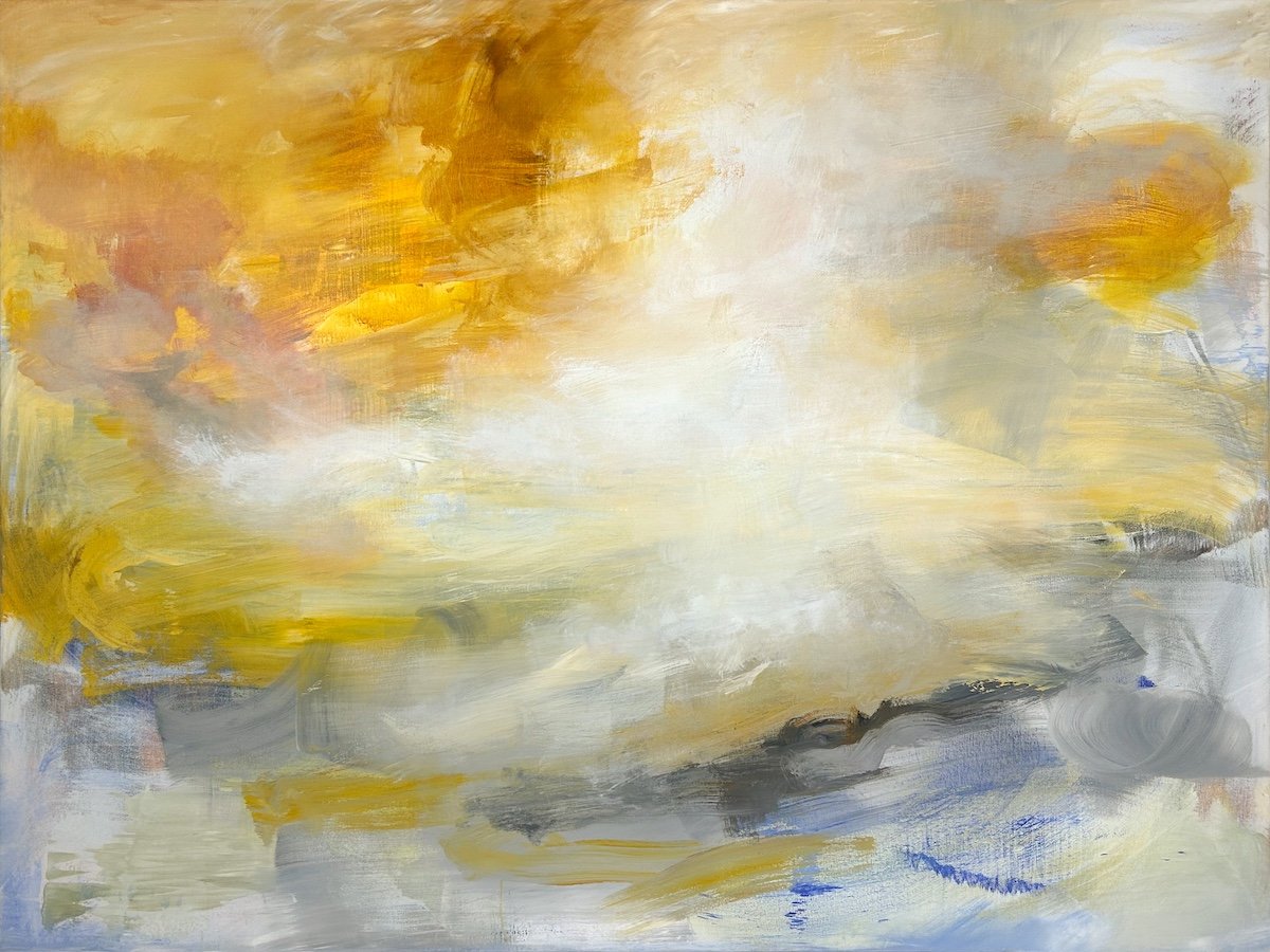 Kathy Buist Sky Expanse, mixed media abstract painting in washes of cream, yellows, white and blue grey