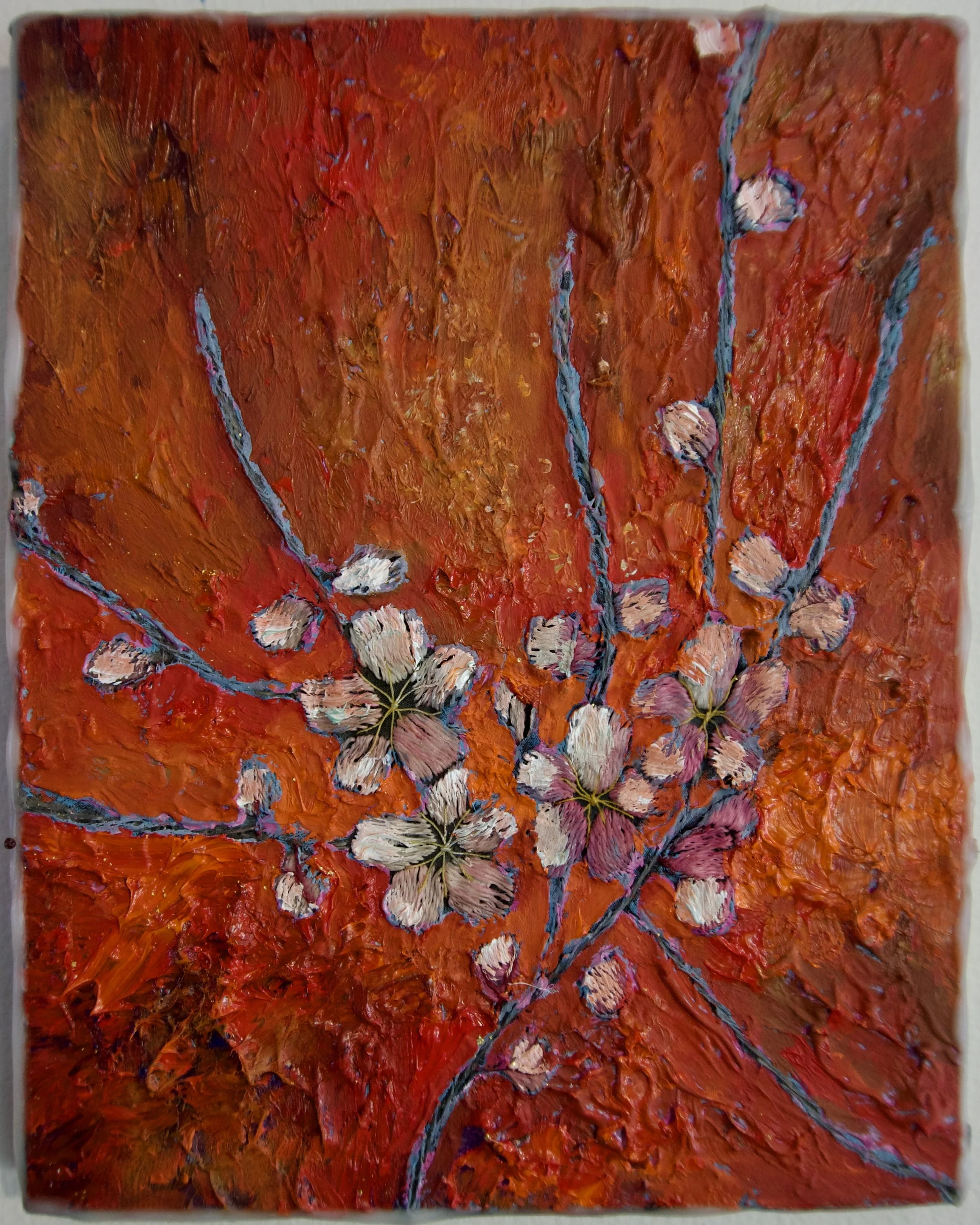 Natasha Zupan - Afterglow #26, mixed media collage with fabric, floral patterns and thick textured paint