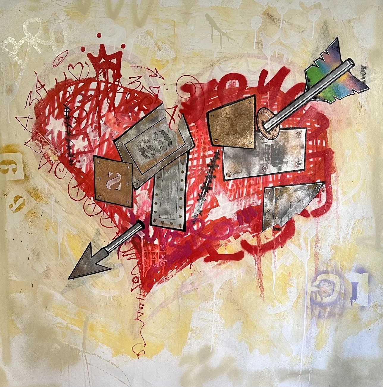 Sen-1 If 6 was 9, abstract graffiti style painting on canvas, large red hear with city signs and and arrow through it