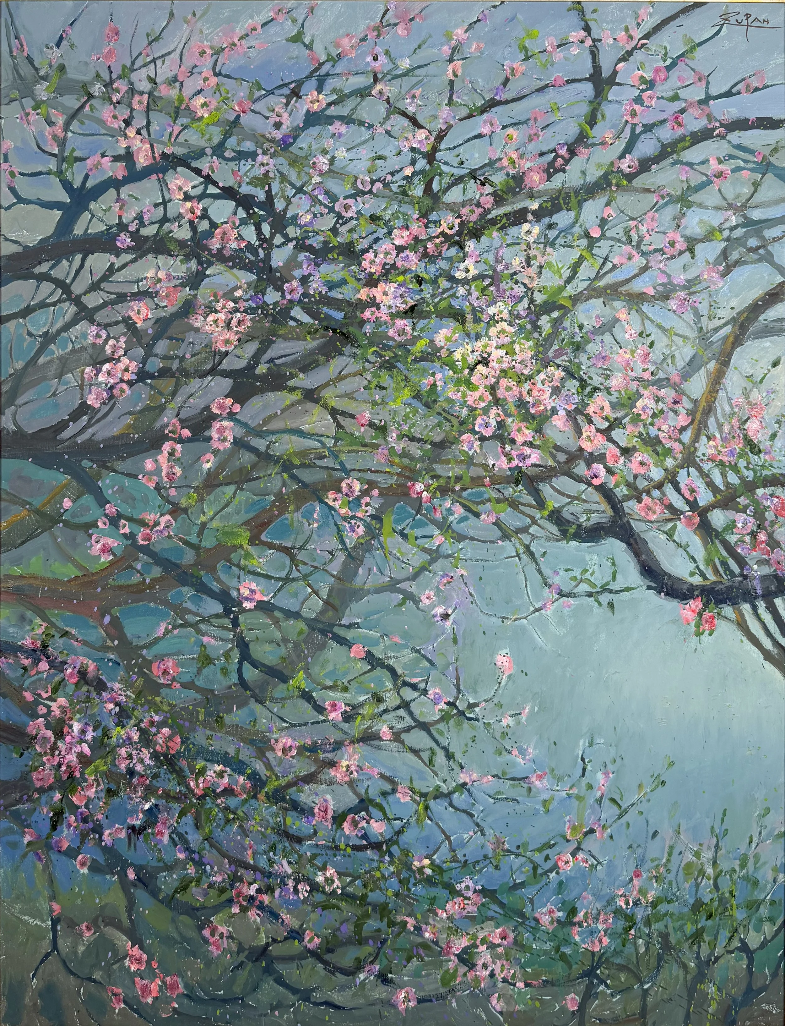 An impressionist oil painting of almond blossoms on a bunch of tree branches