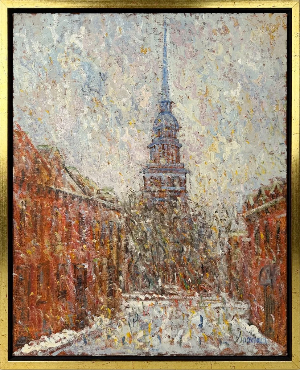 Samir Sammoun  Laprairie, neige. textured impressionist landscape of.a snowy city street lined with red brick buildings with a steeple at the end