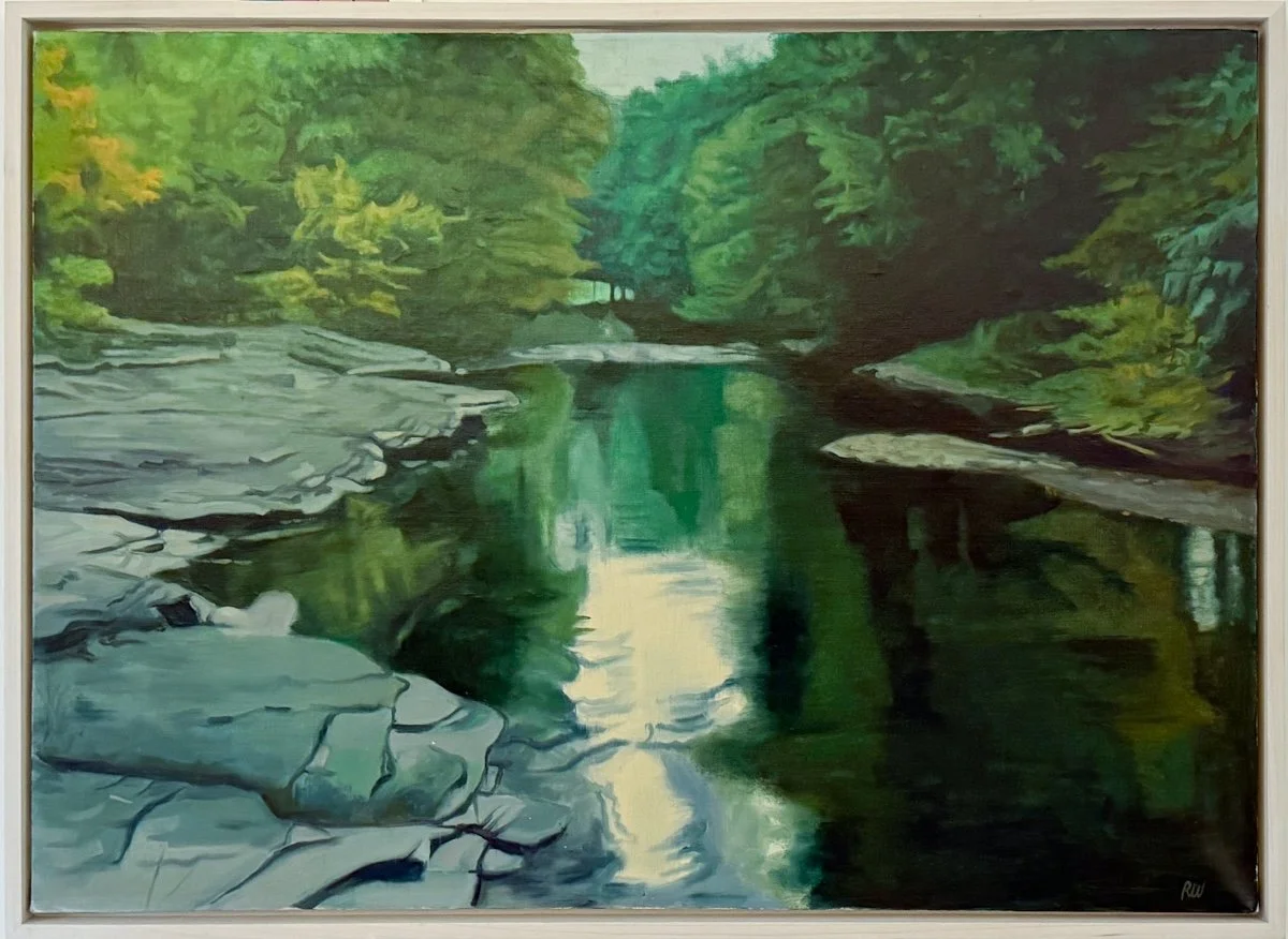 Ralph Wickiser Green River, view of a serene river, rocky shores, green leafy trees, smooth reflections in water