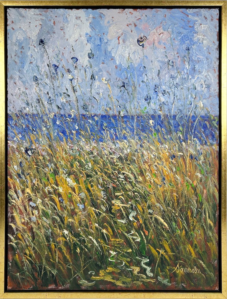 Samir Sammoun  Summer at the Seashore, impressionist style oil painting view of the seashore in summer from a grassy yellow field