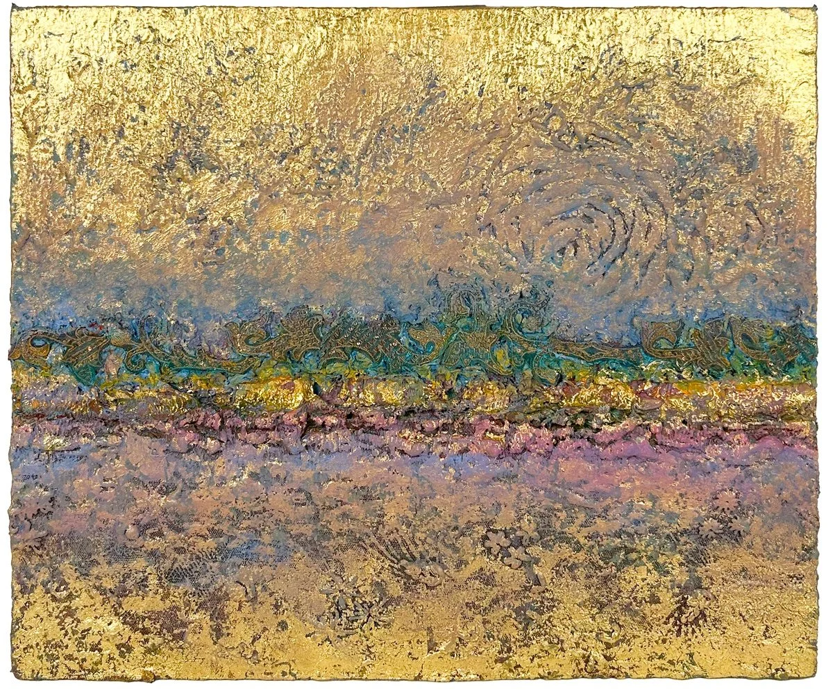 Natasha Zupan Afterglow #9 - mixed media collage on wood with thick texture gold, fabric and paint