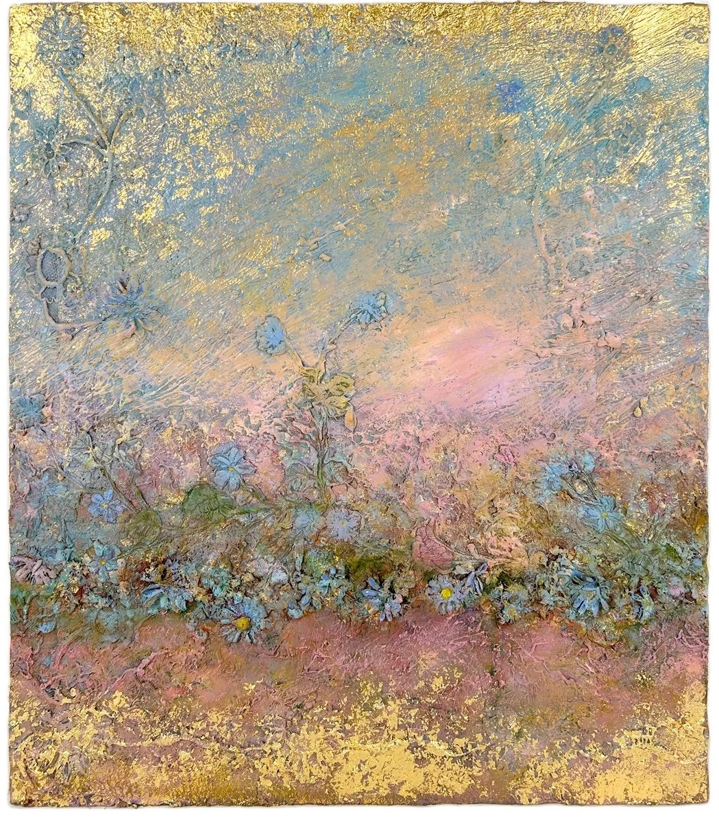 Natasha Zupan Afterglow #3, mixed media work on wood with fabric, gold and oil paint in pastel pinks and blues