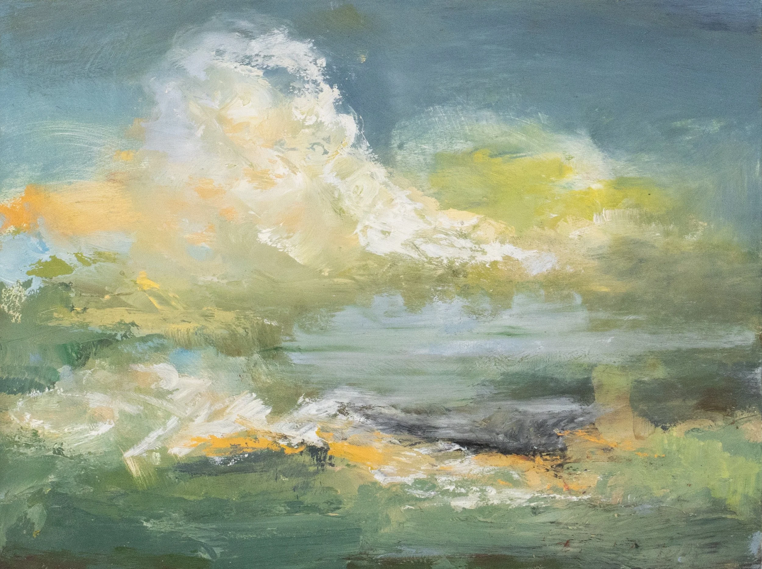 Kathy Buist - Moving Across - oil painting on panel, abstract ocean scene in greens and blues with yellow and orange highlights with a big white fluffy cloud