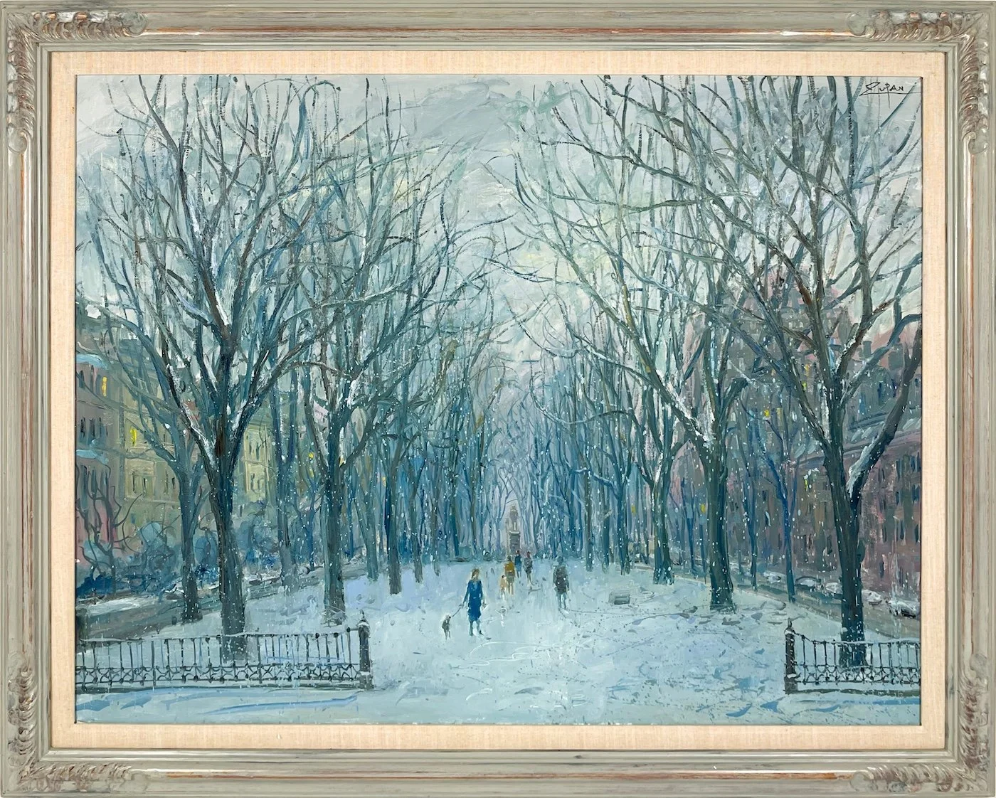 Bruno ZupanSnow Day in Boston, impressionist landscape looking down commonwealth ave in the snow, passersby and woman walking dog