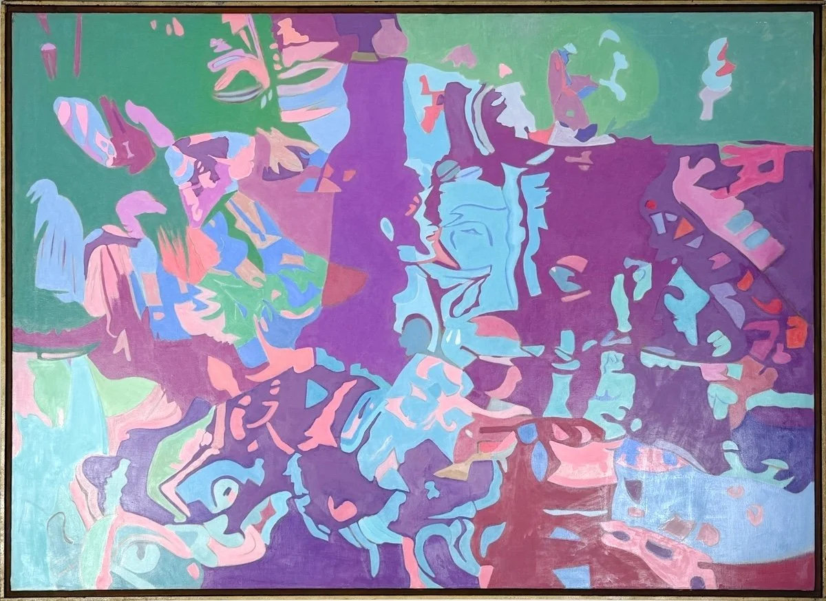 Ralph Wickiser Green and Red, abstract oil painting shapes of color like reflections in water, green blue pinks and purples