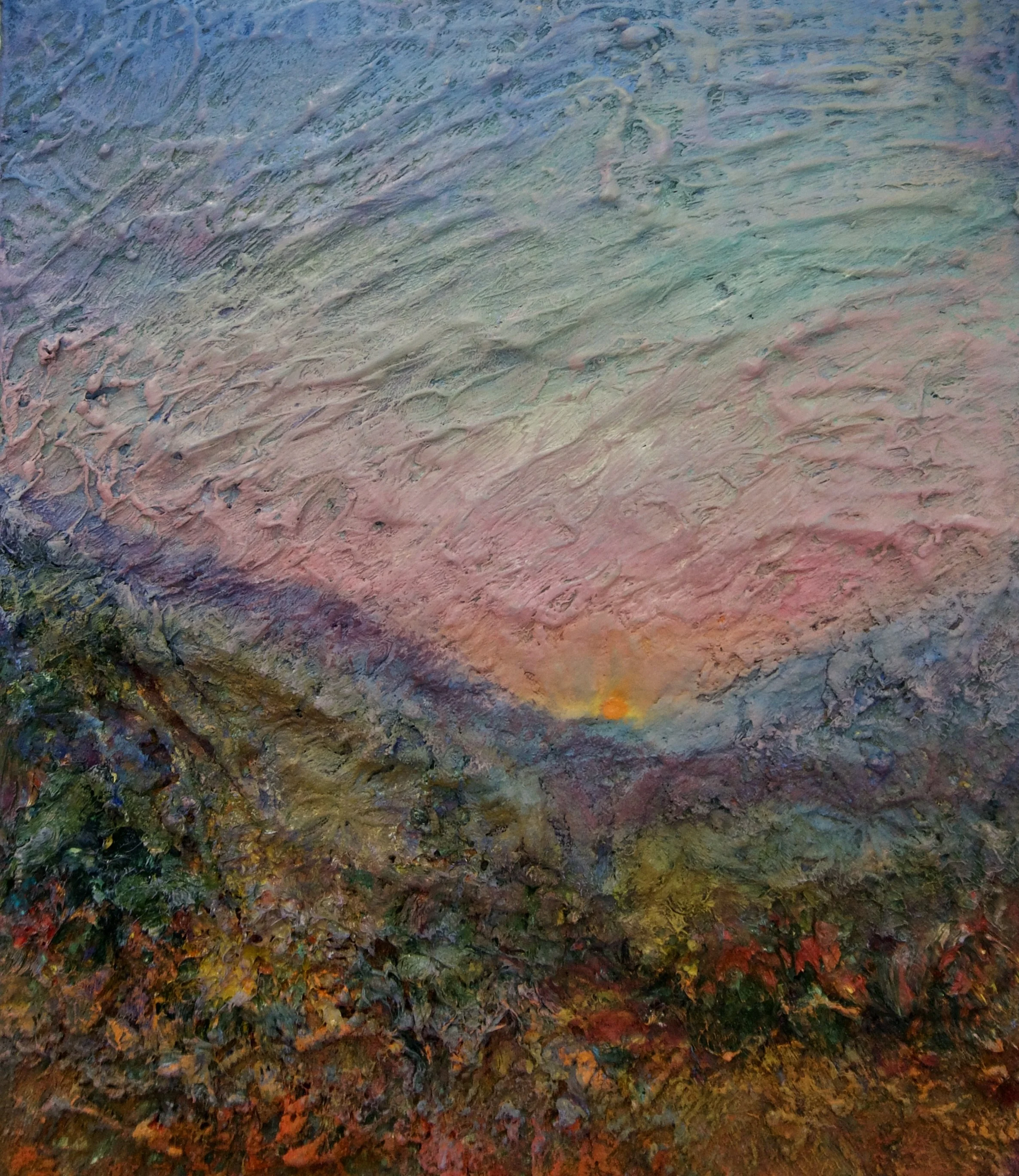 Natasha Zupan - Afterglow #12, mixed media collage on wood that looks likes a hillside landscape view of a pink and gold sunset in between peaks