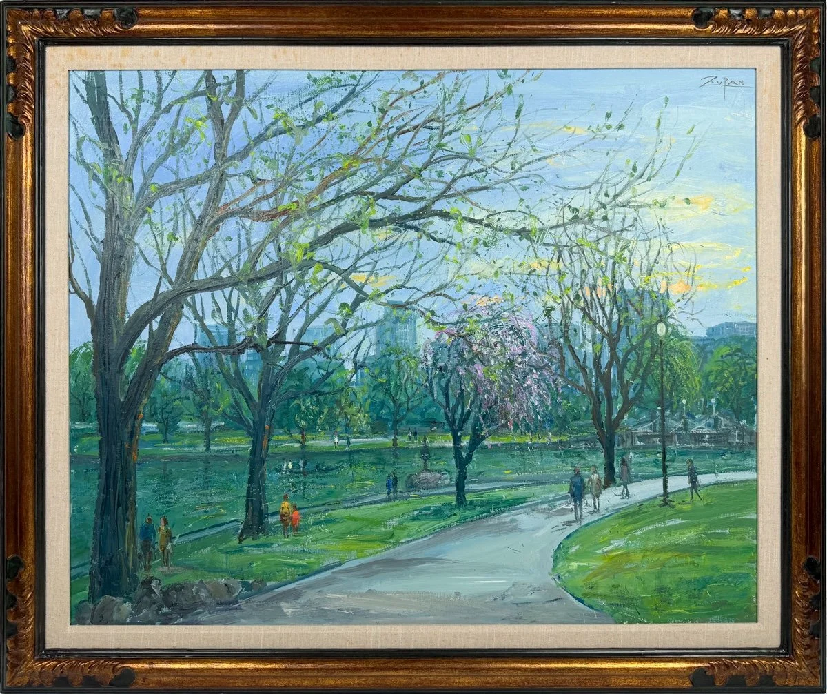 Bruno Zupan Walking in the Boston Public Garden, impressionist oil painting pf people walking along the path in the Boston public garden with blossoming trees in early spring