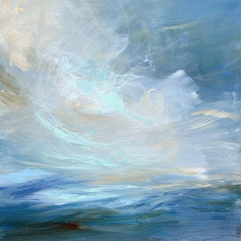 Kathy Buist After-light, abstract seascape painting of blue waters and sweeping cloudy skies