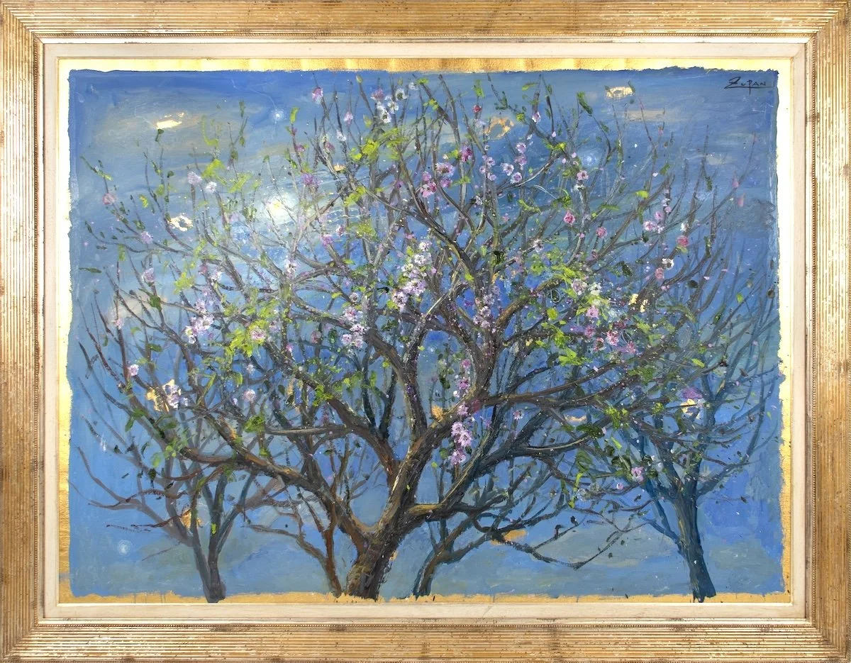 Bruno Zupan Almond Trees in Moonlight, impressionist oil painting of almond tree with blossoms in moonlight