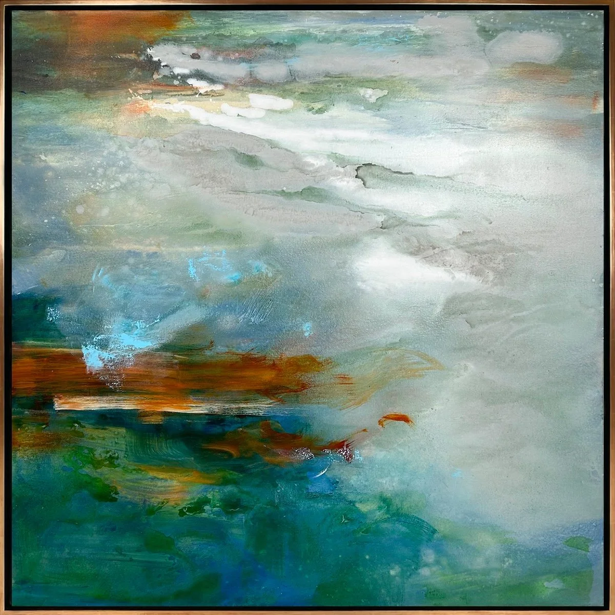 Abstract painting of a sky with swirling clouds, soft colors of blue, purple, white, green, and hints of orange and yellow.