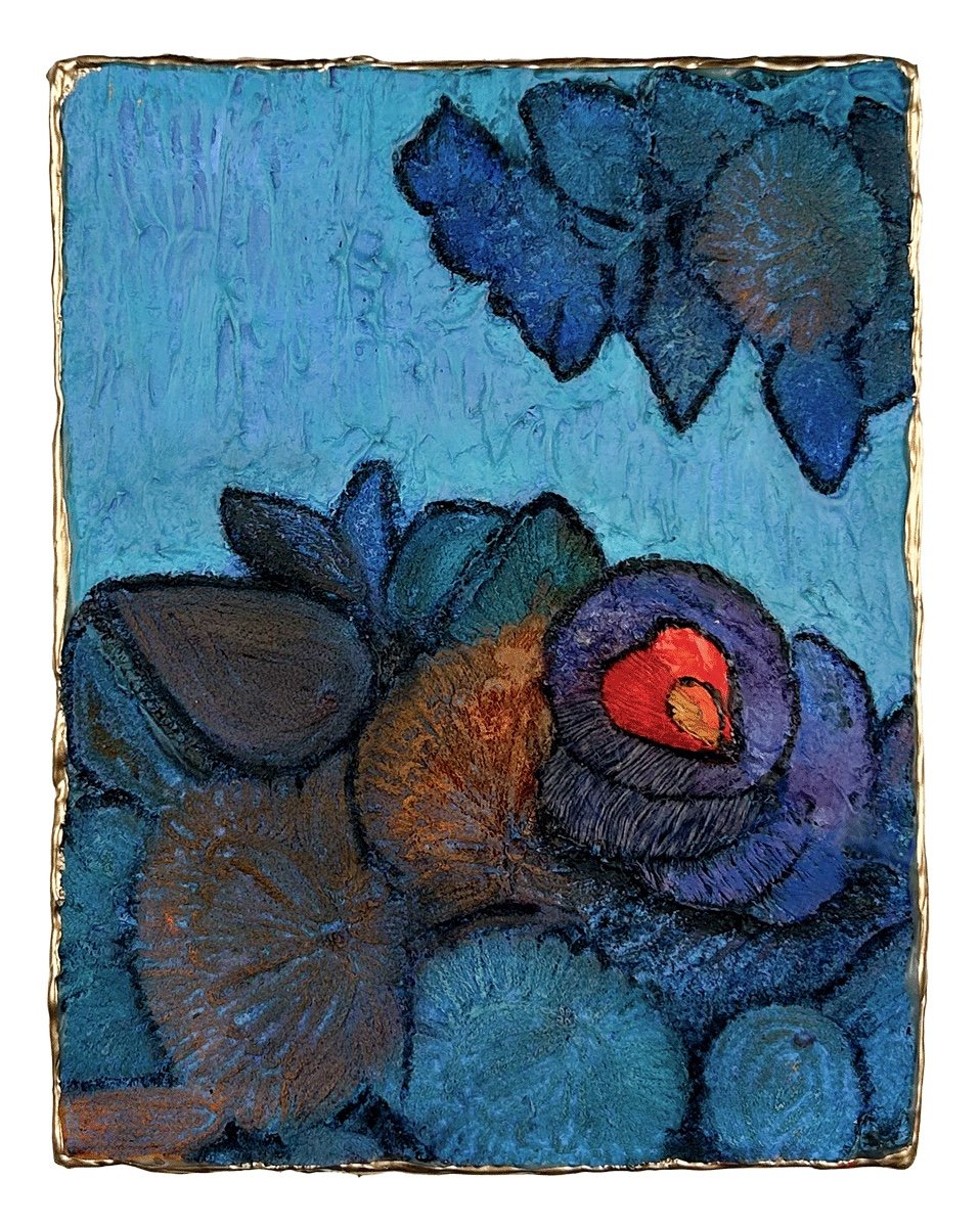 Natasha Zupan - Afterglow #37, mixed media collage with fabric, floral patterns and thick textured paint