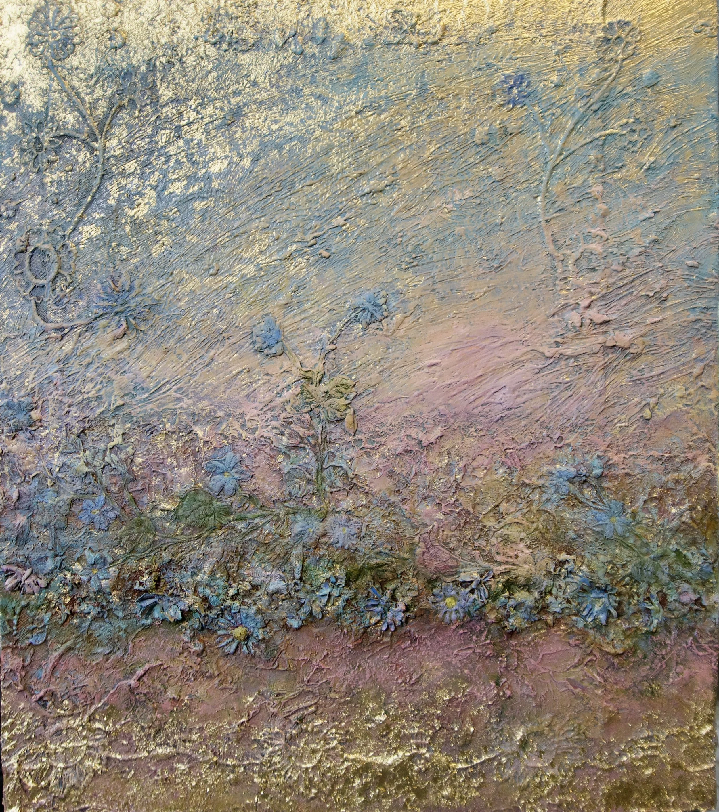 Natasha Zupan Afterglow #3, mixed media work on wood with fabric, gold and oil paint in pastel pinks and blues