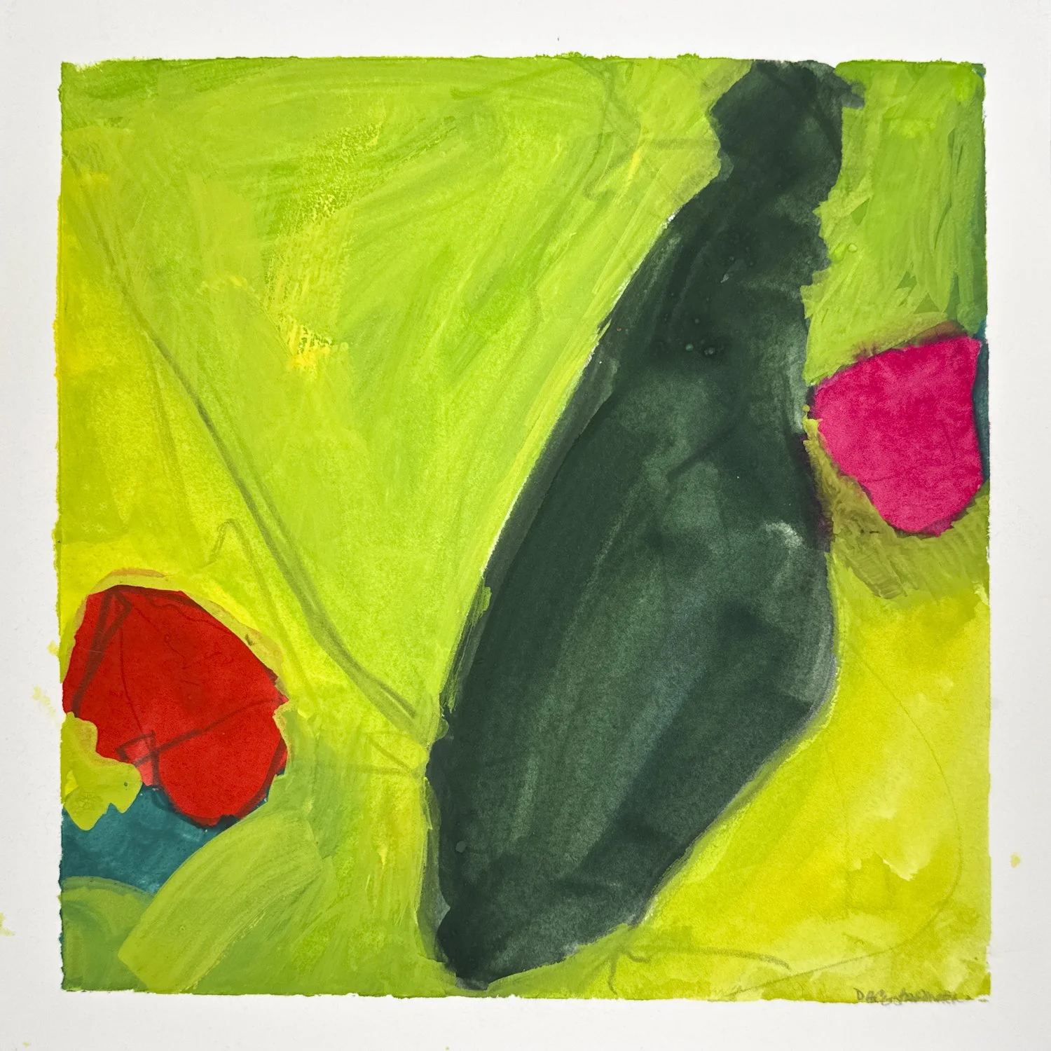 Elizabeth DaCosta Ahern Playing with Color #6 - abstract color block painting lime green, dark green and pop of red and pink