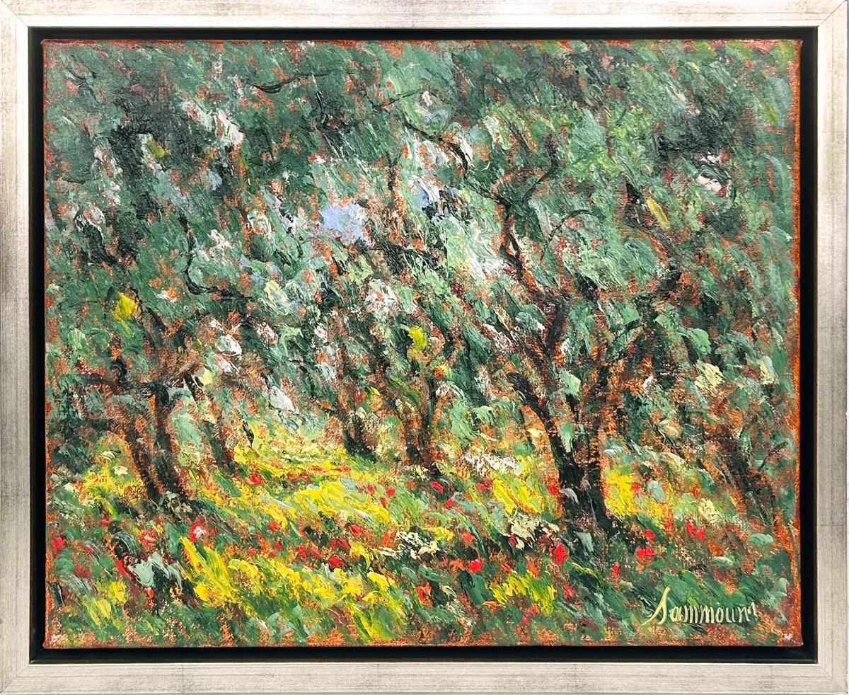 Samir Sammoun Oliviers et coquelicots, framed textured oil painting of grove of olive trees with red flowers