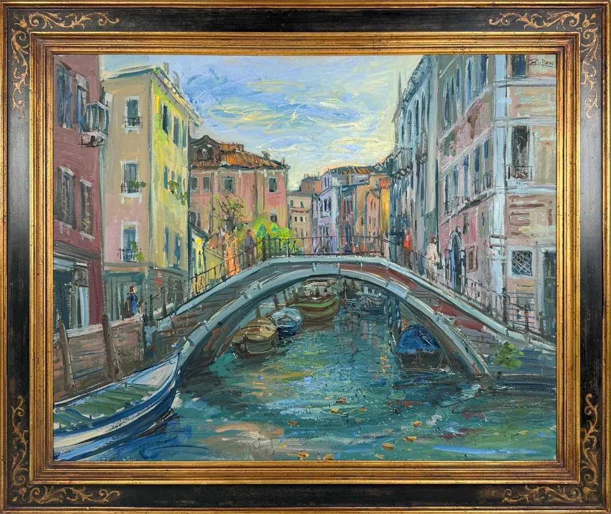 Bruno Zupan Bridge in Venice, impressionist oil painting of a canal Bridge in Venice