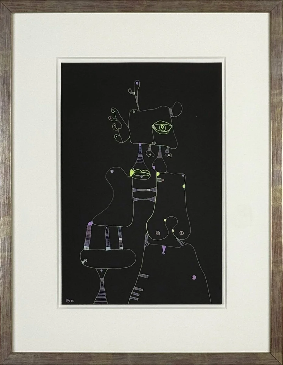 framed white line drawing on black paper