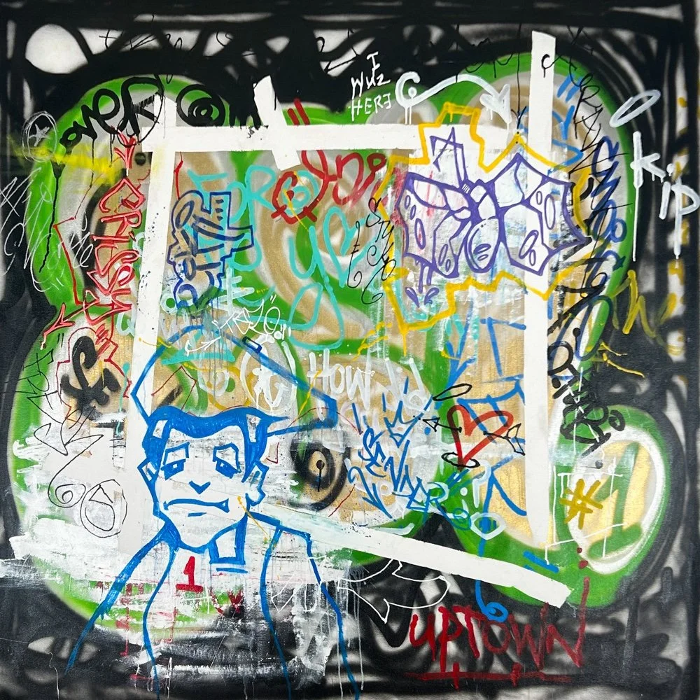 SEN-1 How Did I Get Here?, abstract graffiti painting with black border and colorful center with figures and writing