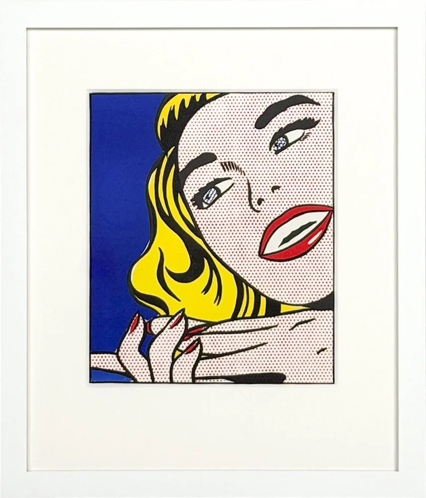 Roy Lichtenstein - Girl, lithograph of a girl with blonde hair red lips and red nails, pop art style
