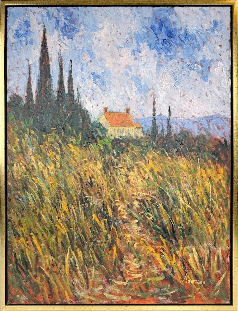 Samir Sammoun  Farmhouse and Wheat Field,framed, impressionist oil painting of a yellow farmhouse in a wheat field with cypress trees