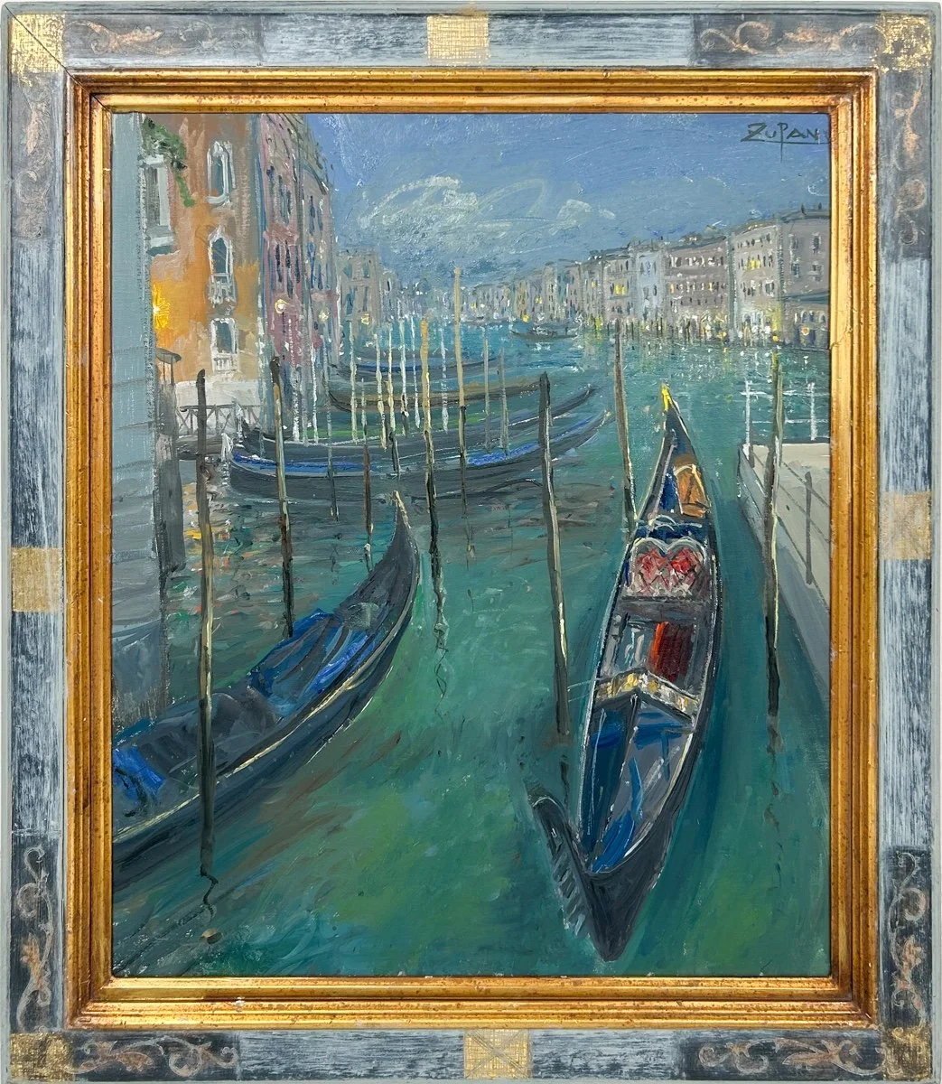 Bruno Zupan - Two Gondolas in Venice, impressionist painting of gondolas on the water in Venice at night