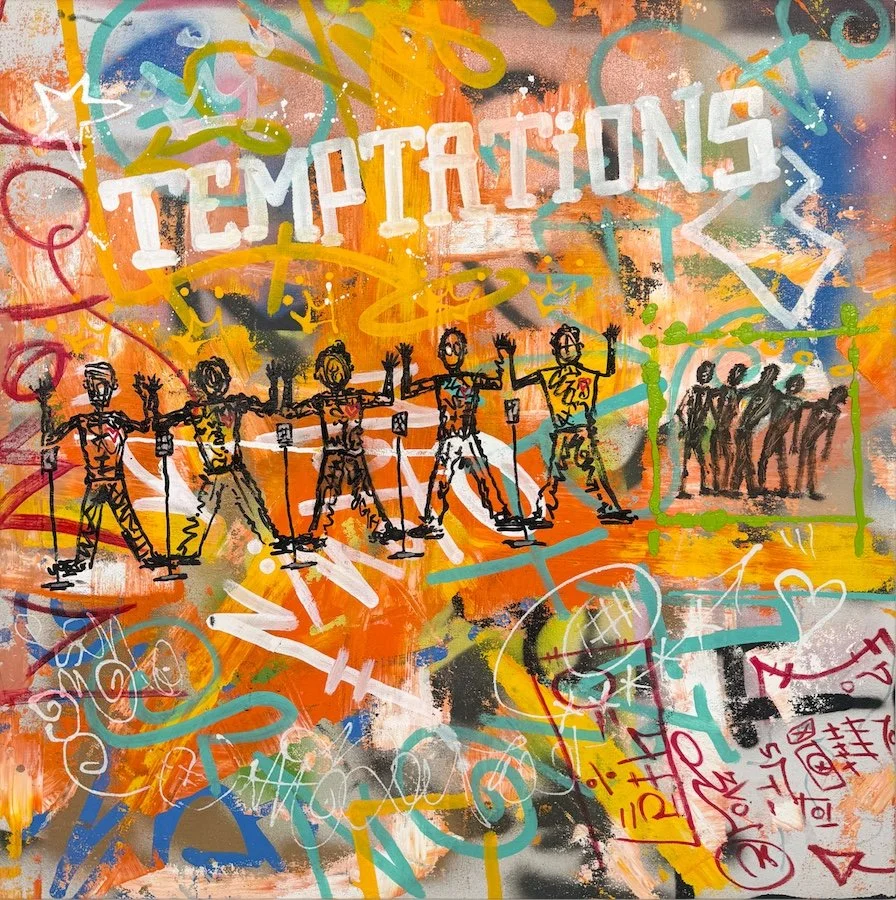 Sen-1 Temptations, abstract graffiti style painting on canvas in orange with figures and words