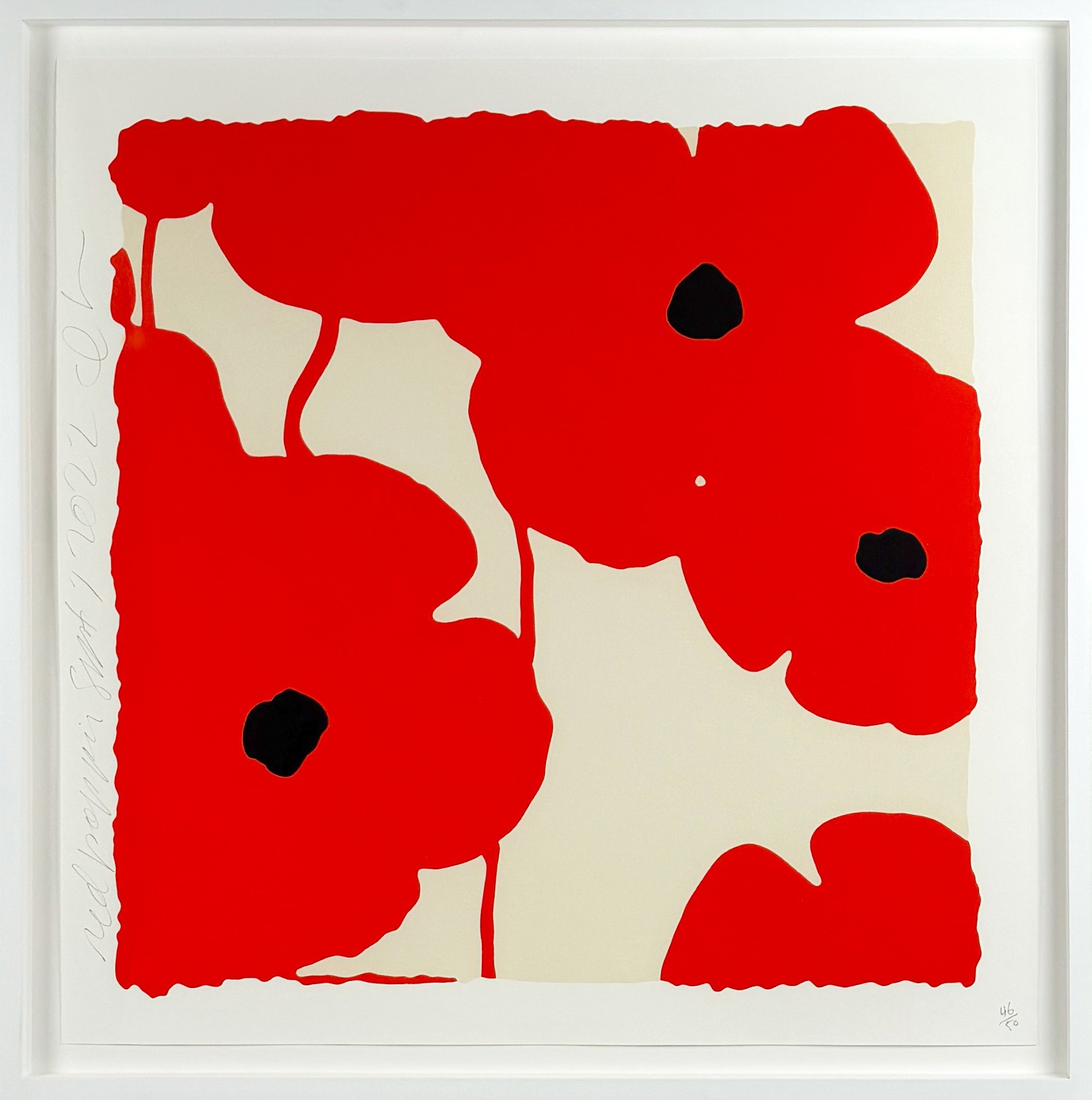 Donald Sultan RED POPPIES, SEPT 7, 2022, color silkscreen print of red poppies on white