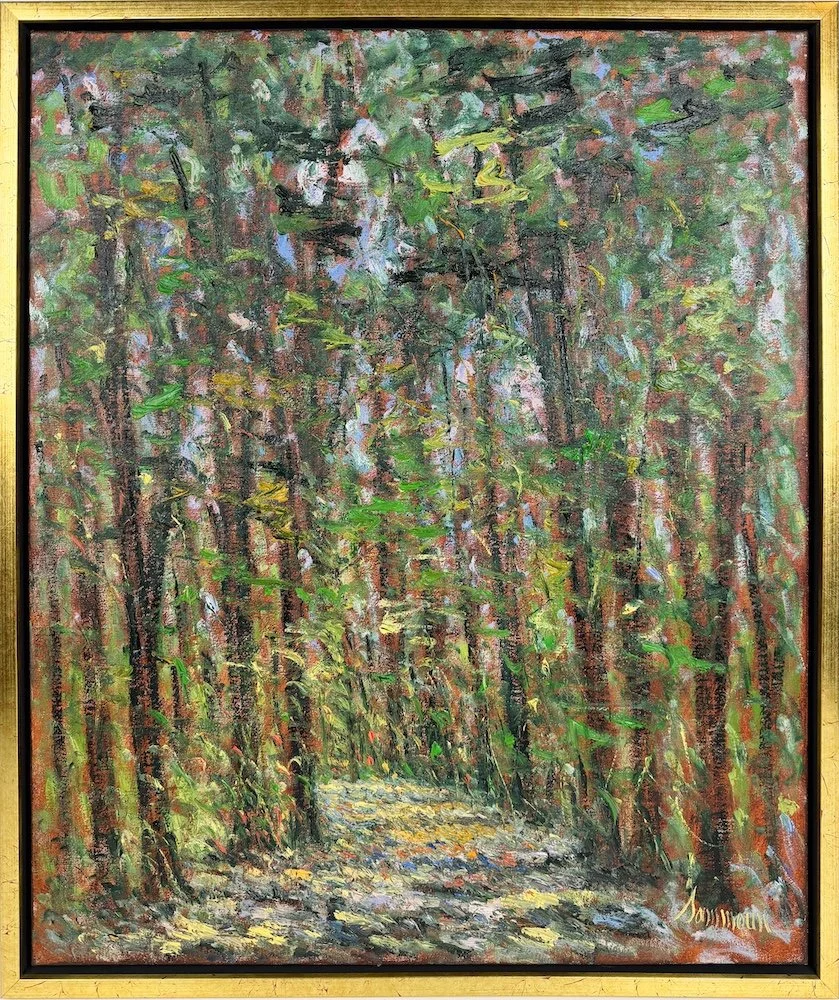 Samir Sammoun  Forêt verte, Promenade, framed, impressionist oil painting of a path down a green and brown forest of tall trees