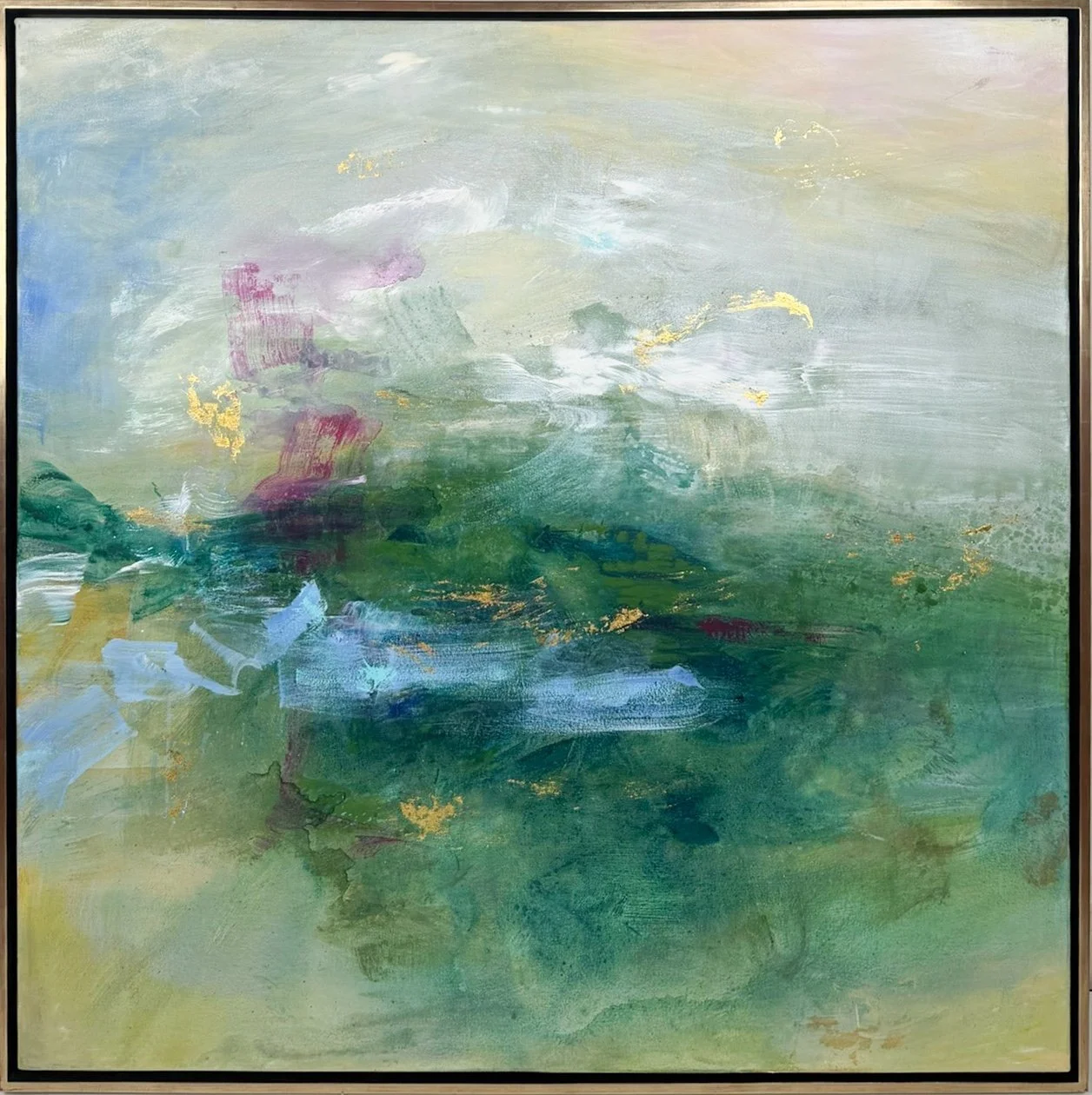 Kathy Buist  Electric Tide, abstract painting with large brushstrokes in earth colors with pop of magenta and gold leaf flakes