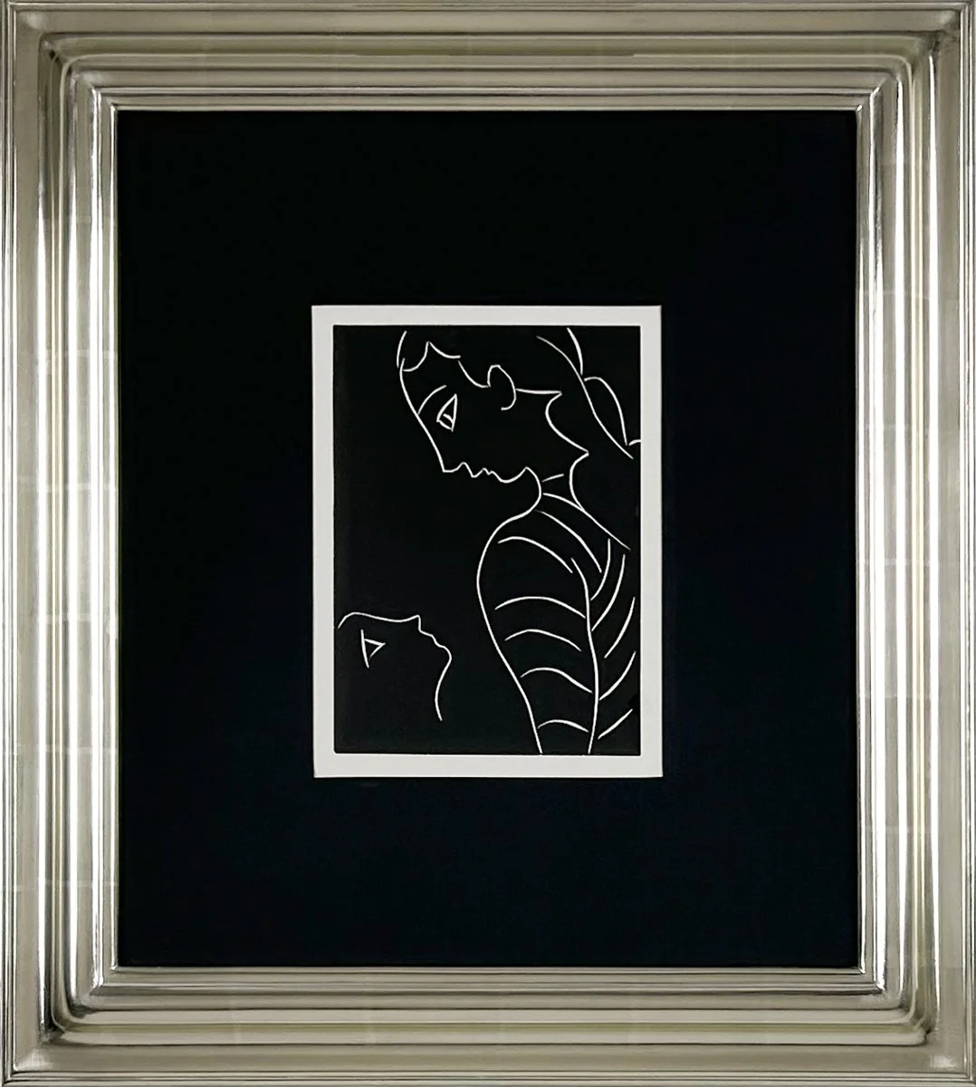 Henri Matisse - ...On dirait qu’elle ne m’a jamais vue...  linoleum engraving in black a small child looking up to a woman