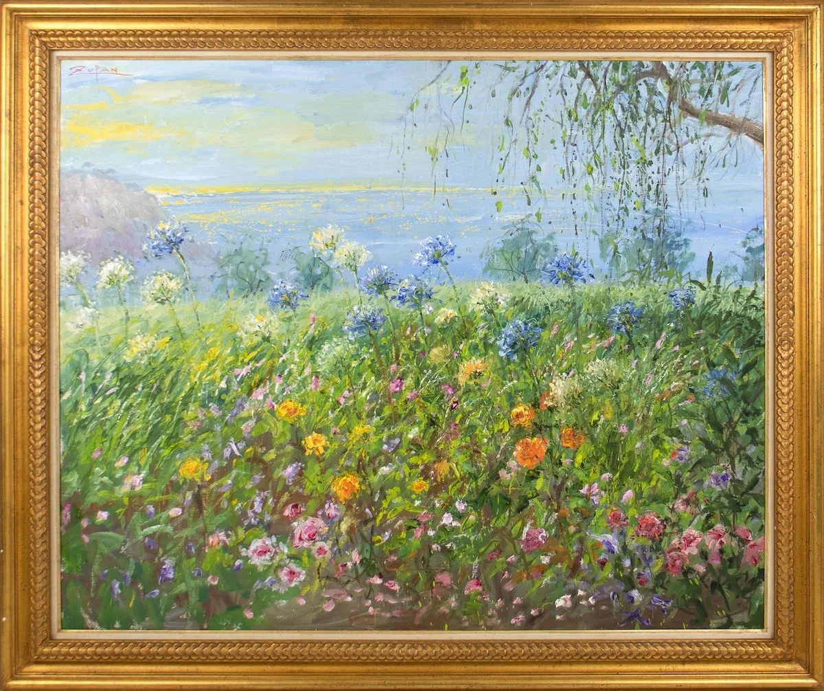 Bruno ZupanGarden by the Sea, Mallorca, impressionist landscape of a vibrant field of flowers overlooking the ocean, tree branches on right