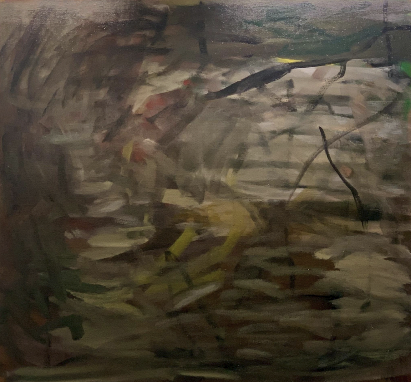 Susan Coley Changing Landscape, abstract oil painting in dark brown muddy colors with heavy brushstrokes