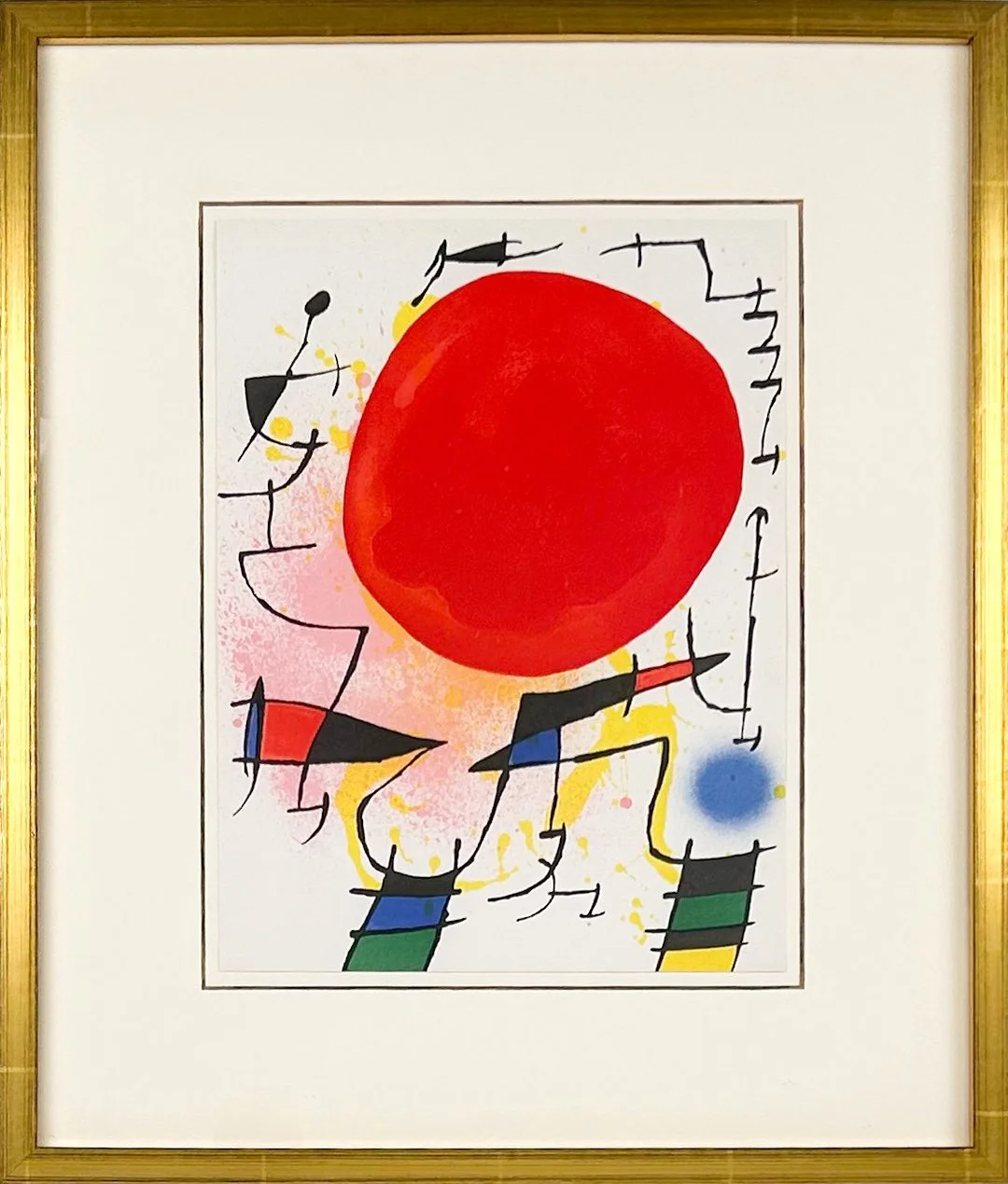 joan miro, untitled the red sun, abstract surrealist composition big round red sun surrounded by red, black, blue, green and yellow forms