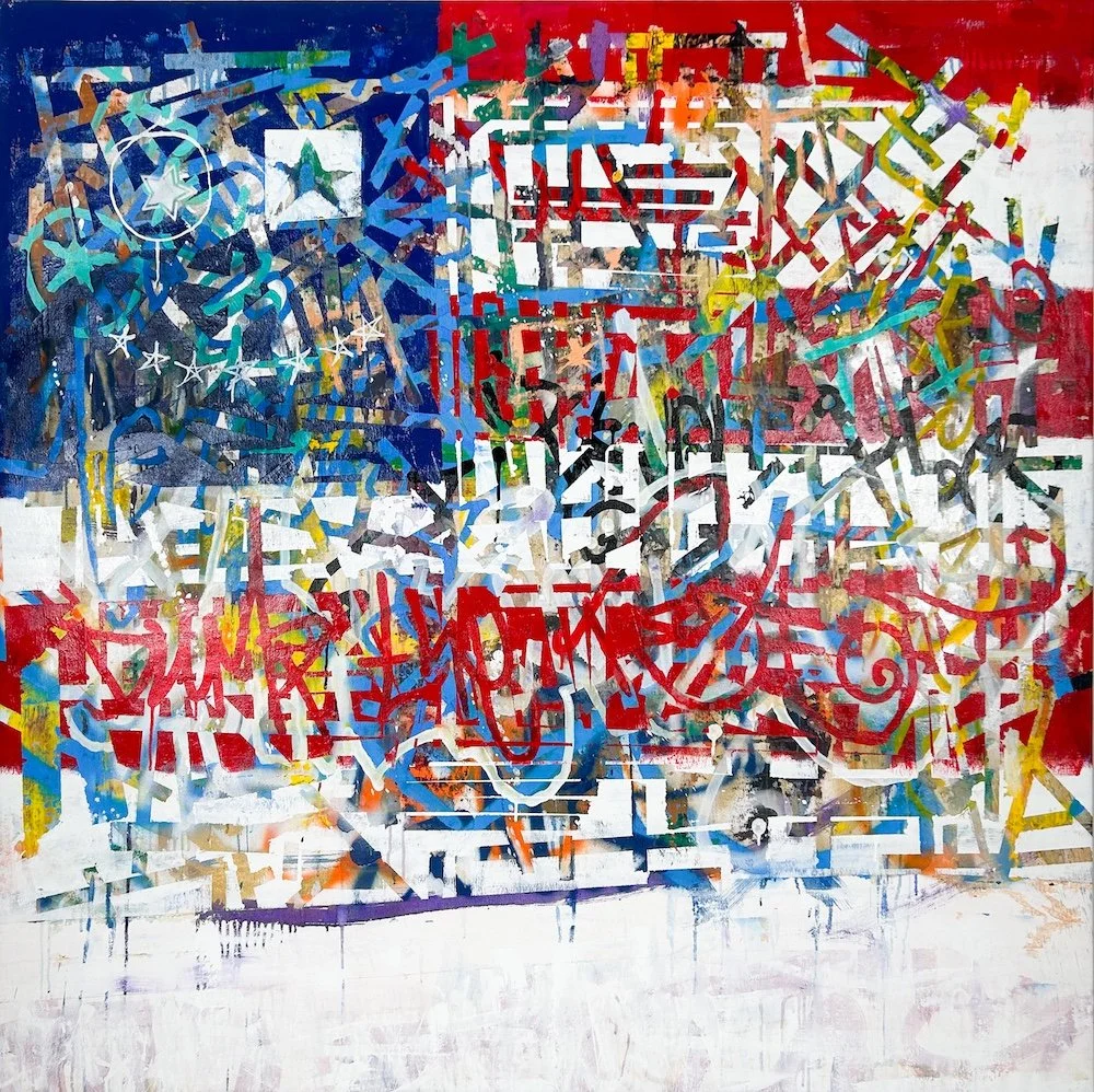 SEN-1 Dump the Tea, abstract graffiti painting of the american flag